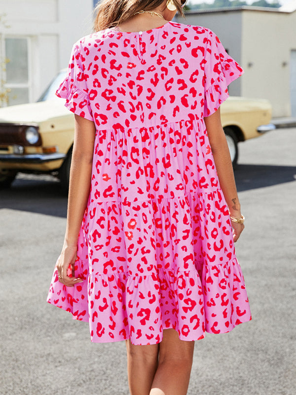 Women's Woven Printed Round Neck Ruffle Sleeve Loose Dress