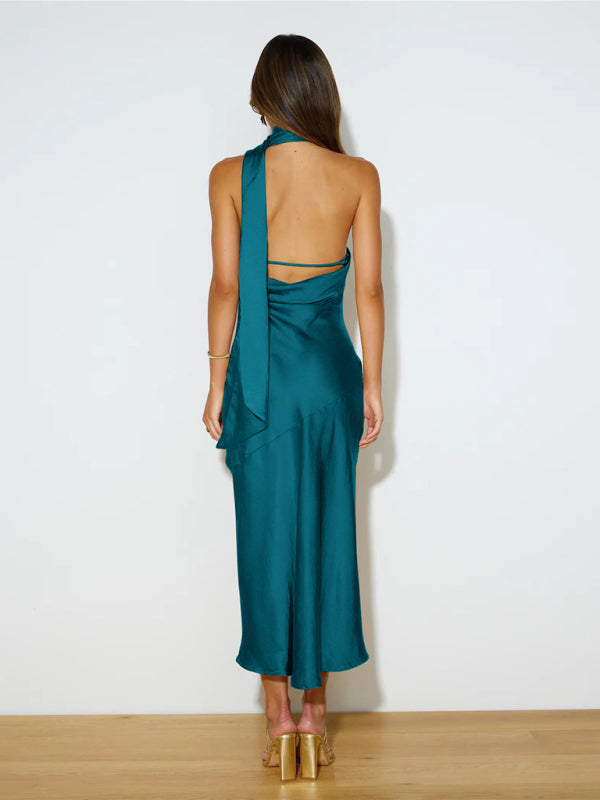 Satin Design Slit Dress Sexy Backless Evening Gown - Closther