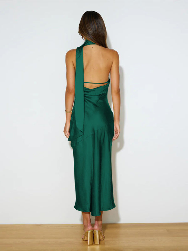 Satin Design Slit Dress Sexy Backless Evening Gown - Closther