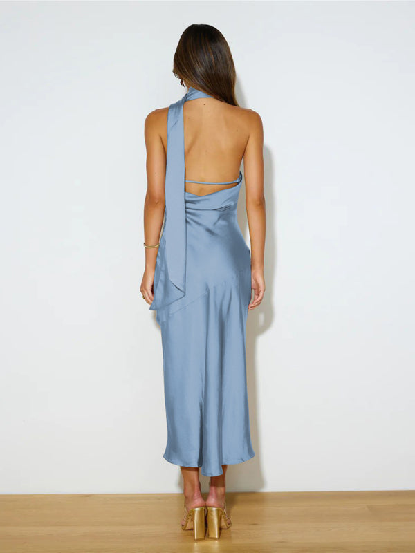 Satin Design Slit Dress Sexy Backless Evening Gown - Closther