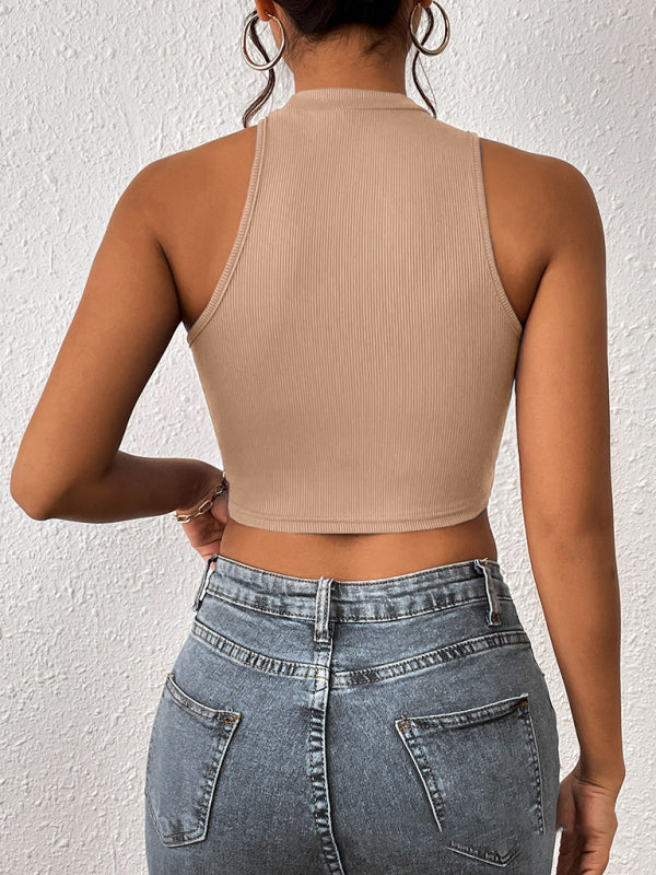 Gestricktes, asymmetrisches Crop-Tanktop mit Rundhalsausschnitt für Damen 