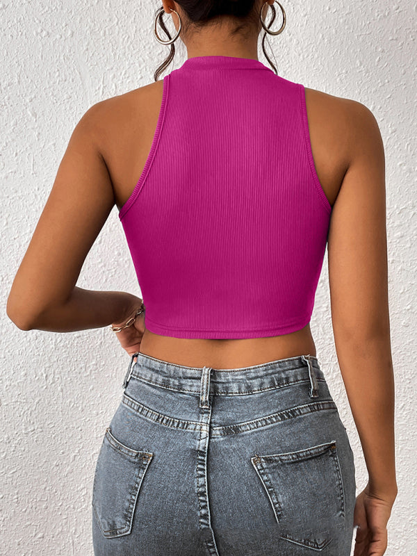 Gestricktes, asymmetrisches Crop-Tanktop mit Rundhalsausschnitt für Damen 