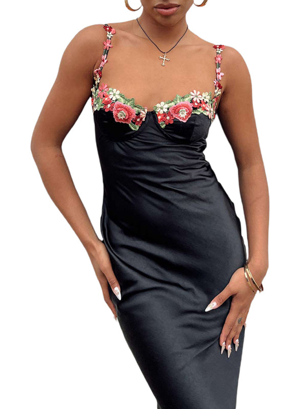 Modisches, sexy, besticktes Spitzen-Camisole-Kleid in Unifarbe 