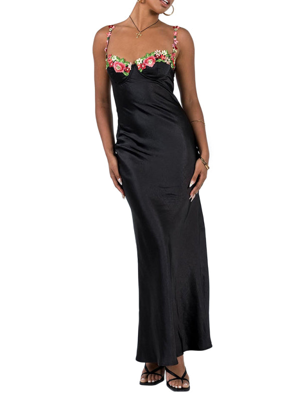 Modisches, sexy, besticktes Spitzen-Camisole-Kleid in Unifarbe 