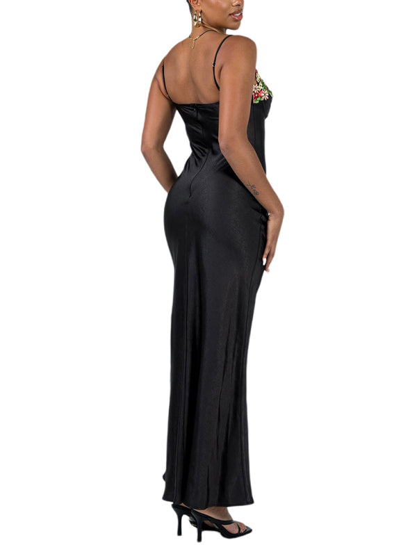 Modisches, sexy, besticktes Spitzen-Camisole-Kleid in Unifarbe 