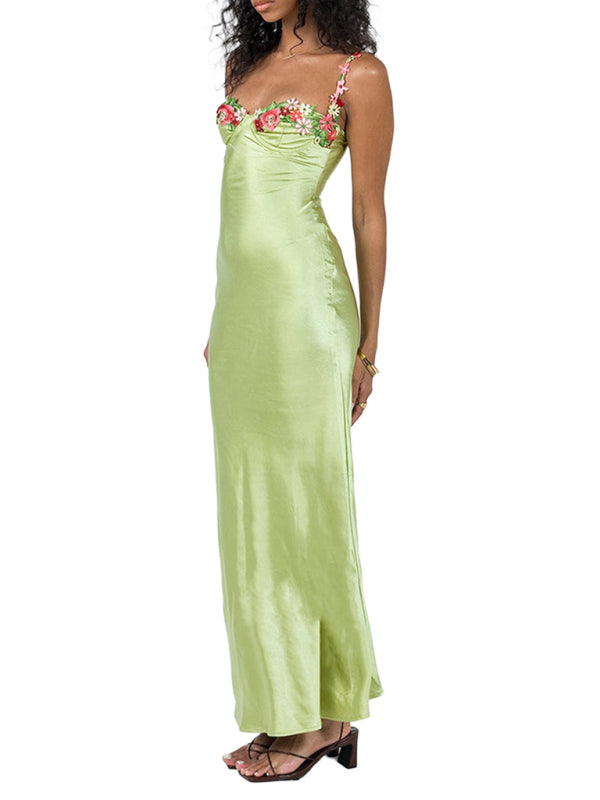 Modisches, sexy, besticktes Spitzen-Camisole-Kleid in Unifarbe 