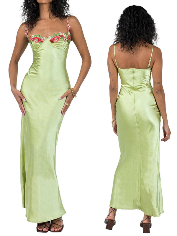 Modisches, sexy, besticktes Spitzen-Camisole-Kleid in Unifarbe 