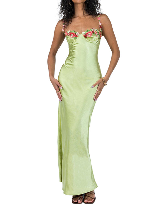 Modisches, sexy, besticktes Spitzen-Camisole-Kleid in Unifarbe 