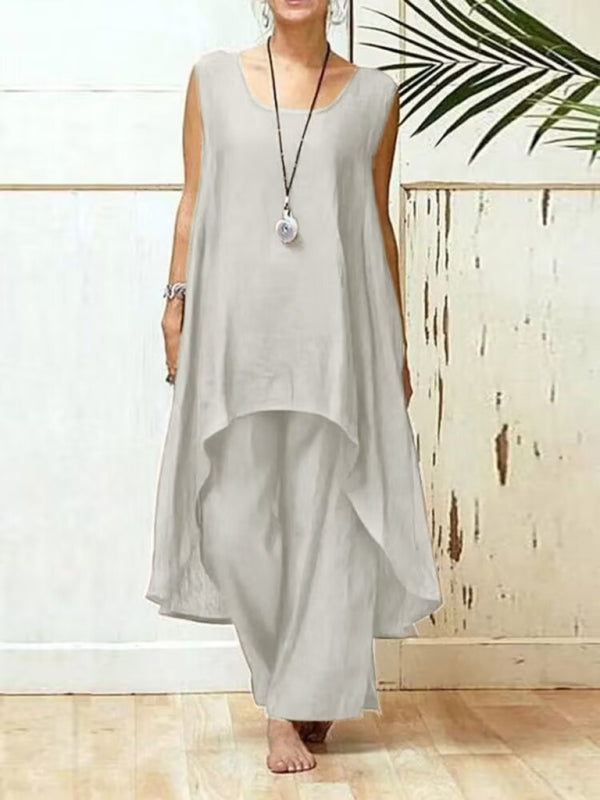 Cotton linen fashion casual irregular sleeveless wide-leg pants two-piece set - Closther