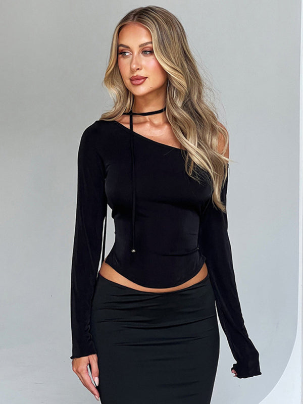 Slanted shoulder waist slit long sleeve slim hot girl T-shirt - Closther