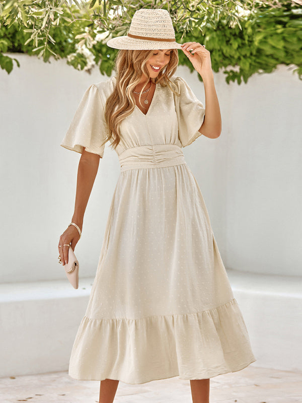 Neues einfarbiges Sommerkleid für Damen mit V-Ausschnitt, Lotusblattärmeln 