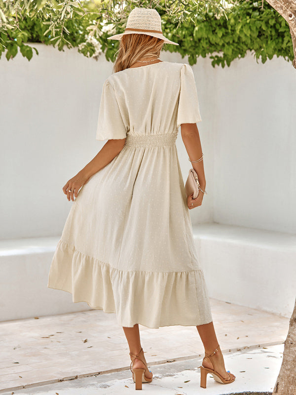 Neues einfarbiges Sommerkleid für Damen mit V-Ausschnitt, Lotusblattärmeln 