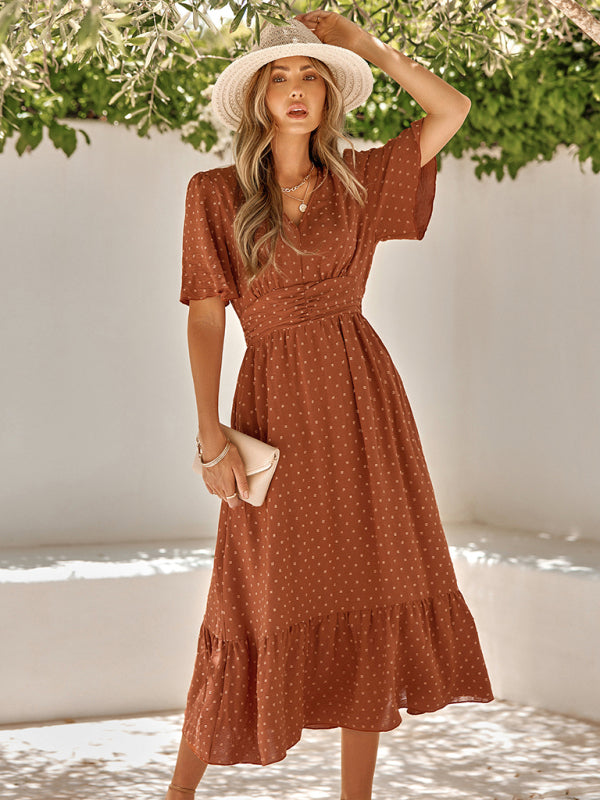 Neues einfarbiges Sommerkleid für Damen mit V-Ausschnitt, Lotusblattärmeln 
