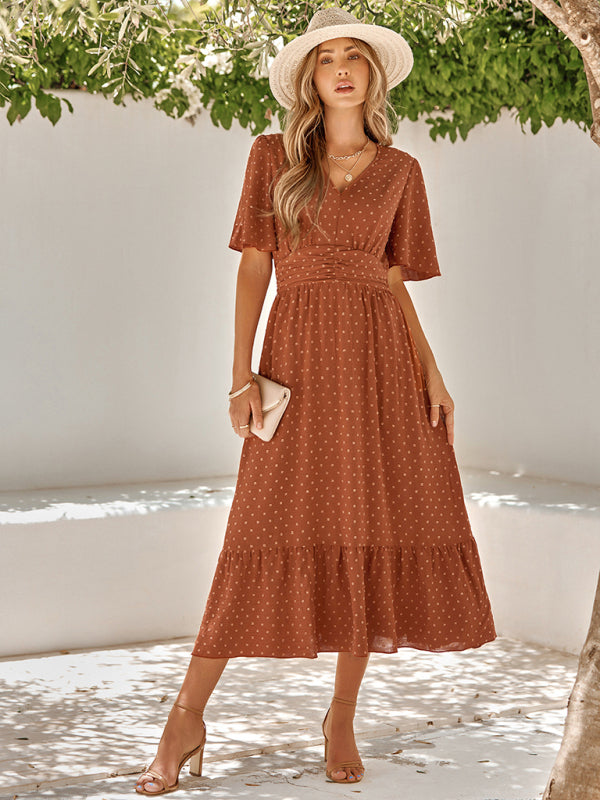 Neues einfarbiges Sommerkleid für Damen mit V-Ausschnitt, Lotusblattärmeln 