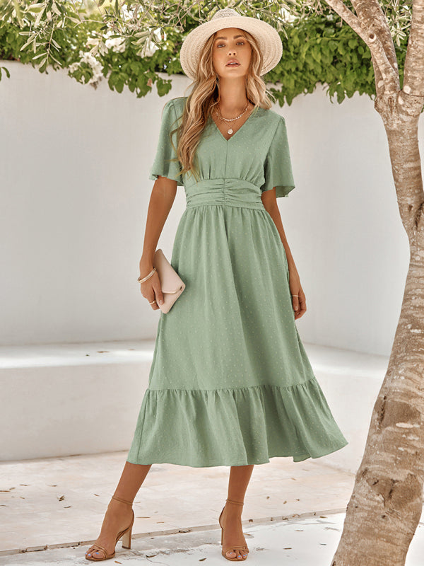 Neues einfarbiges Sommerkleid für Damen mit V-Ausschnitt, Lotusblattärmeln 