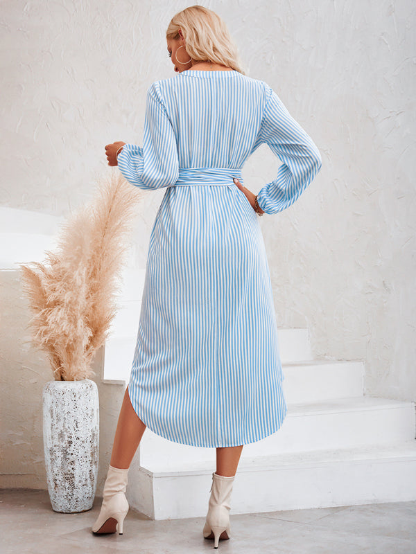 Casual V-neck striped tie waist shirt dress - Closther