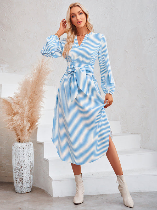 Casual V-neck striped tie waist shirt dress - Closther