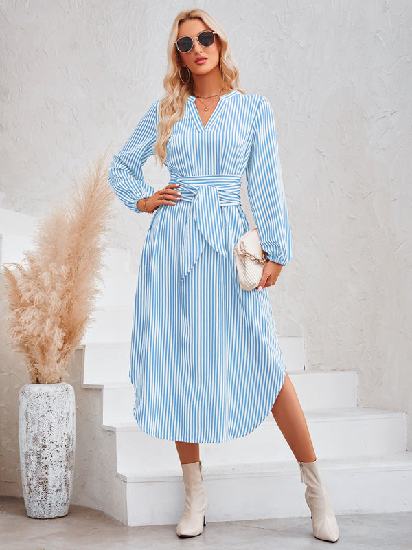 Casual V-neck striped tie waist shirt dress - Closther