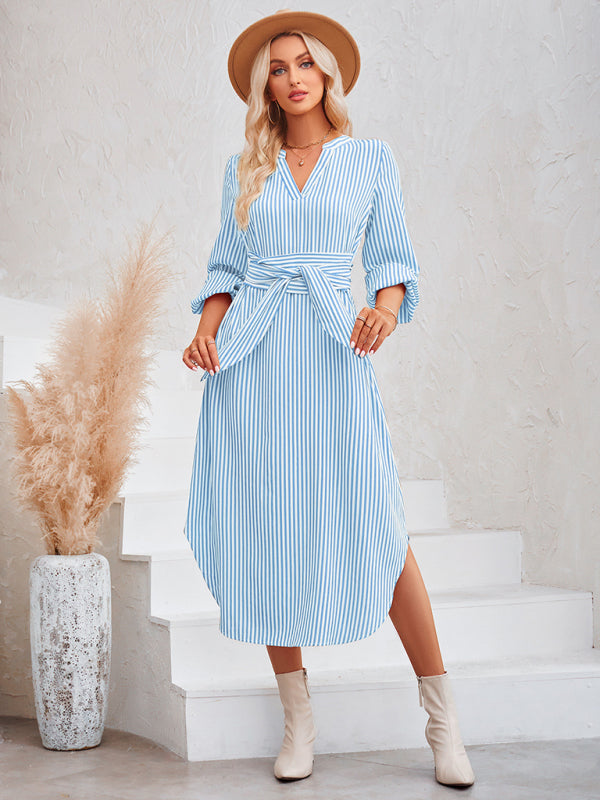 Casual V-neck striped tie waist shirt dress - Closther