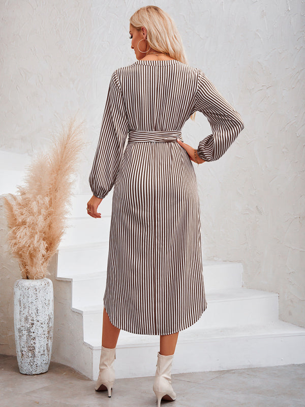 Casual V-neck striped tie waist shirt dress - Closther