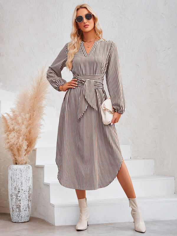 Casual V-neck striped tie waist shirt dress - Closther