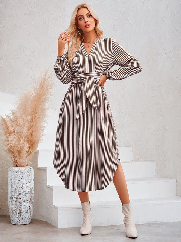 Casual V-neck striped tie waist shirt dress - Closther