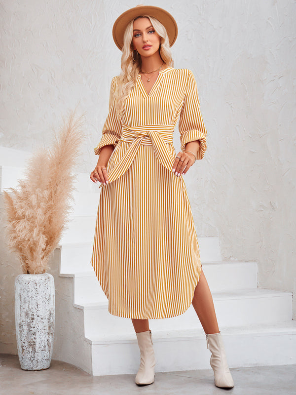 Casual V-neck striped tie waist shirt dress - Closther