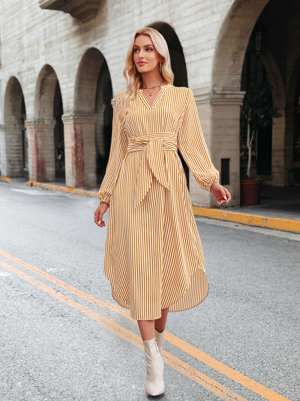 Casual V-neck striped tie waist shirt dress - Closther