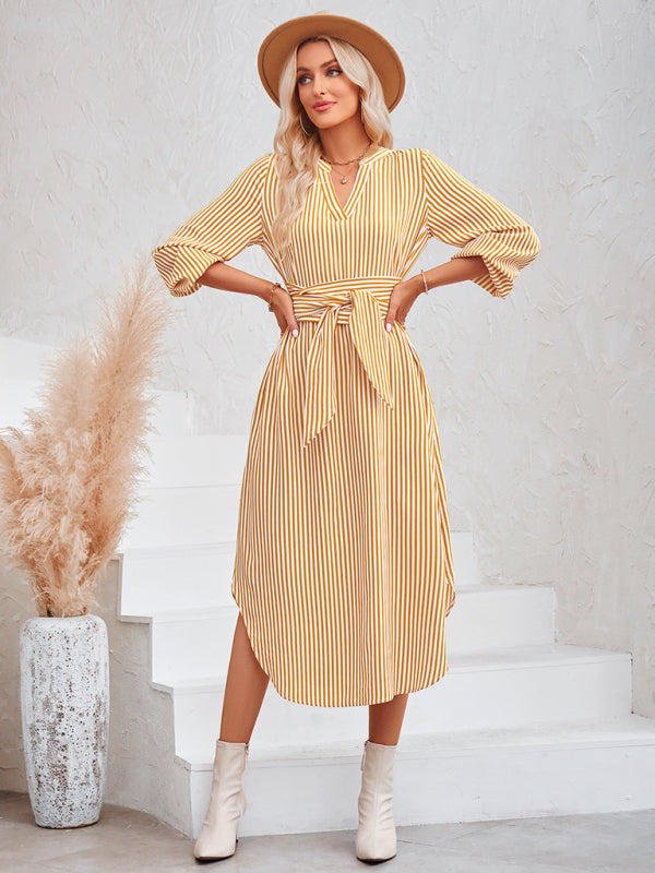 Casual V-neck striped tie waist shirt dress - Closther