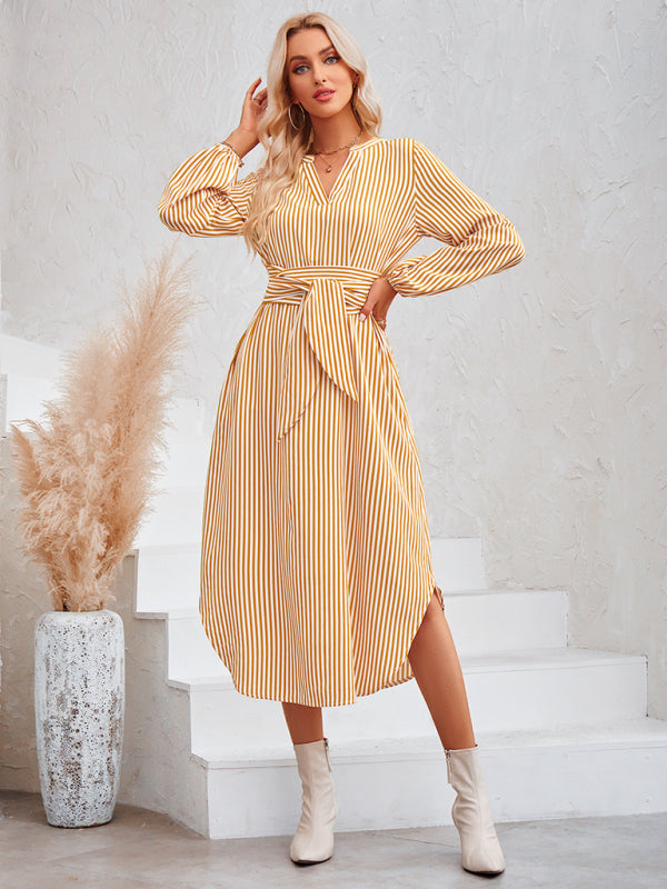 Casual V-neck striped tie waist shirt dress - Closther