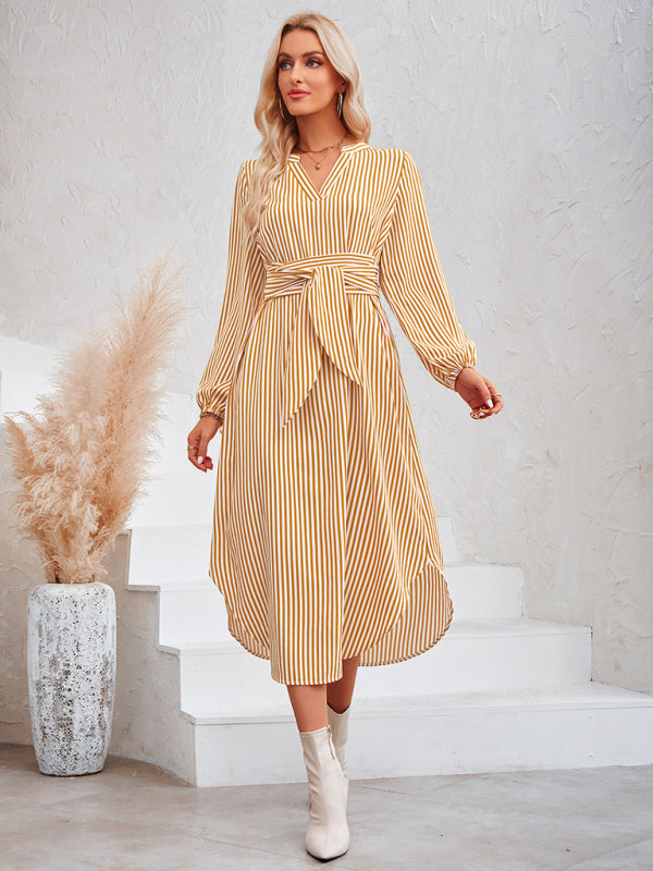 Casual V-neck striped tie waist shirt dress - Closther