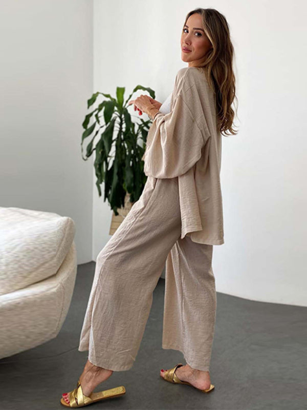 New cotton and linen suit cardigan long-sleeved top pocket wide-leg trousers two-piece set - Closther