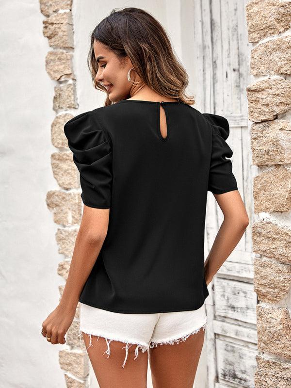 New solid color puff sleeve V-neck slim top - Closther