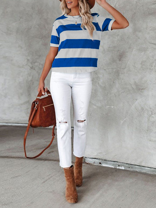 Fashionable blue and white stripe print round neck short-sleeved casual T-shirt - Closther