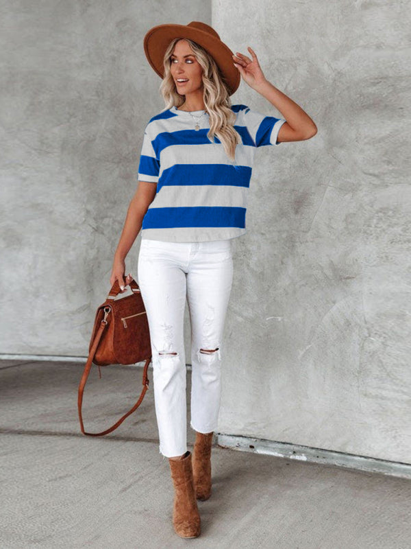 Fashionable blue and white stripe print round neck short-sleeved casual T-shirt - Closther