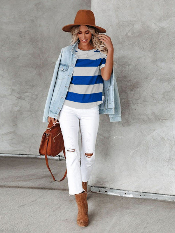 Fashionable blue and white stripe print round neck short-sleeved casual T-shirt - Closther