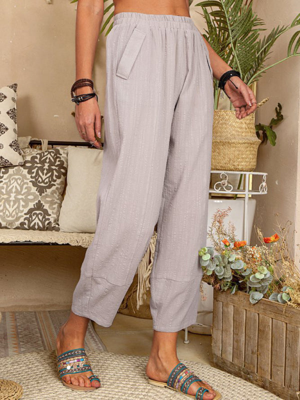 Solid Color Loose Cotton Linen Casual Pants Home Harem Pants - Closther