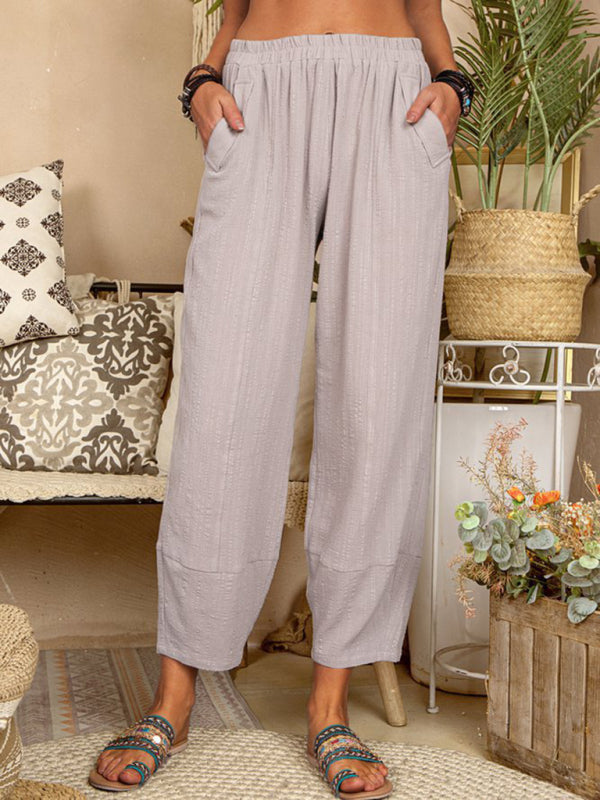 Solid Color Loose Cotton Linen Casual Pants Home Harem Pants - Closther