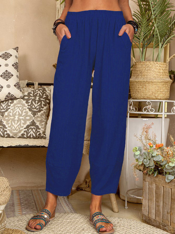 Solid Color Loose Cotton Linen Casual Pants Home Harem Pants - Closther