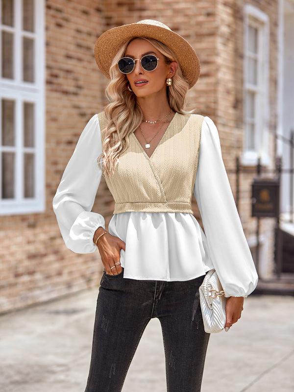 Women's V-Neck Peplum Blouse – front view with beige vest