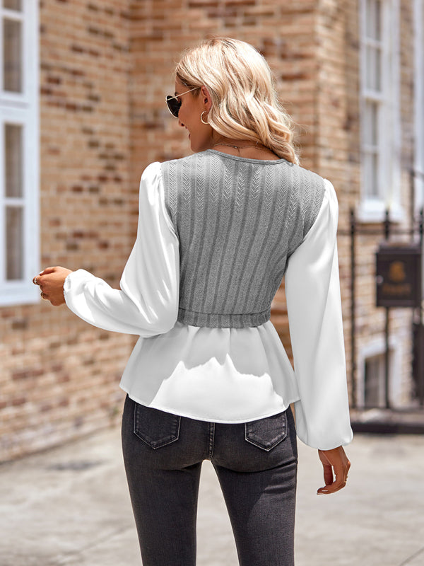 Damenbluse V-Ausschnitt Schößchen Langarm Color-Block – Beige