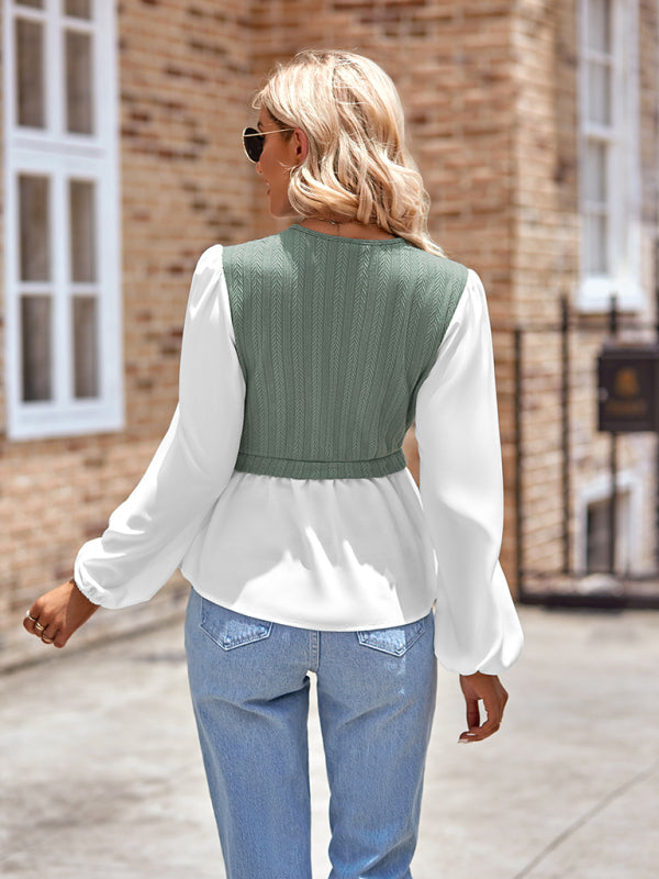 Women's Blouse V-Neck Peplum Long Sleeve Color-Block – Beige – detail view