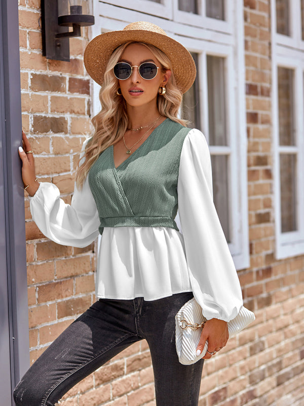 Women's Blouse V-Neck Peplum Long Sleeve Color-Block – Beige – closeup view