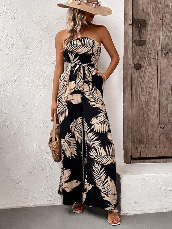 New fashion women's plant leaf print tube top jumpsuit - Closther