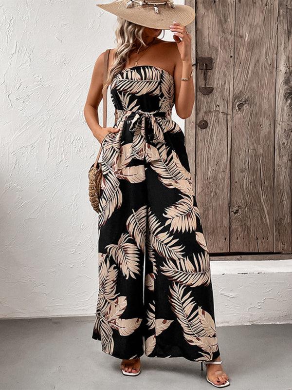 New fashion women's plant leaf print tube top jumpsuit - Closther