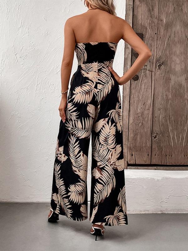 New fashion women's plant leaf print tube top jumpsuit - Closther