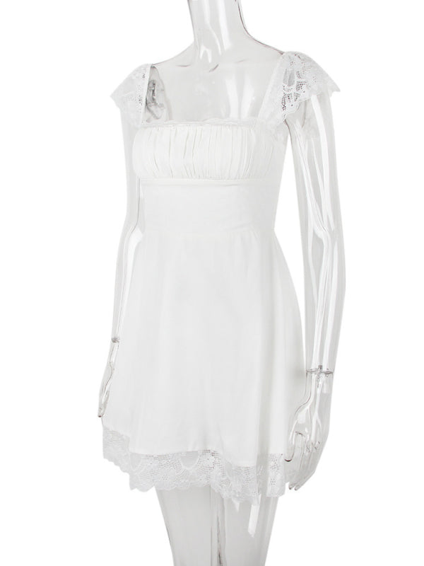 Lace Square Neck Slip Dress Slim Backless White French Dress - Closther