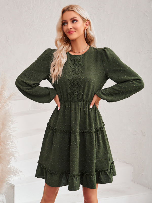 Casual round neck solid color waist lace dress