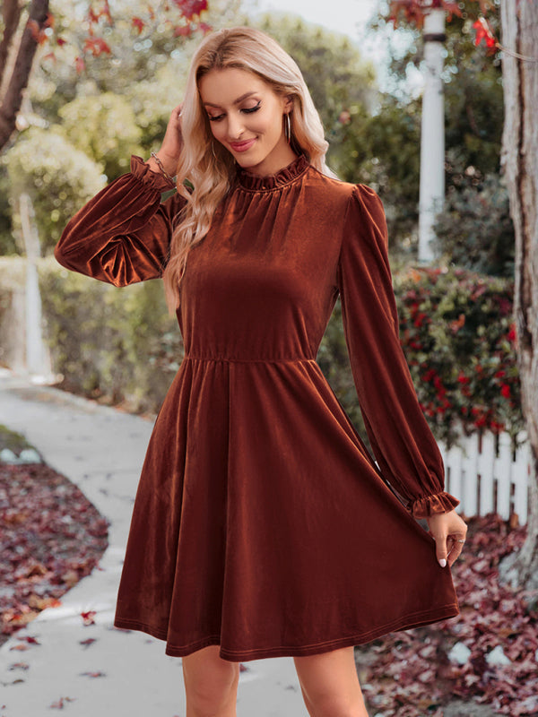 Turtleneck velvet solid color waist dress - Closther