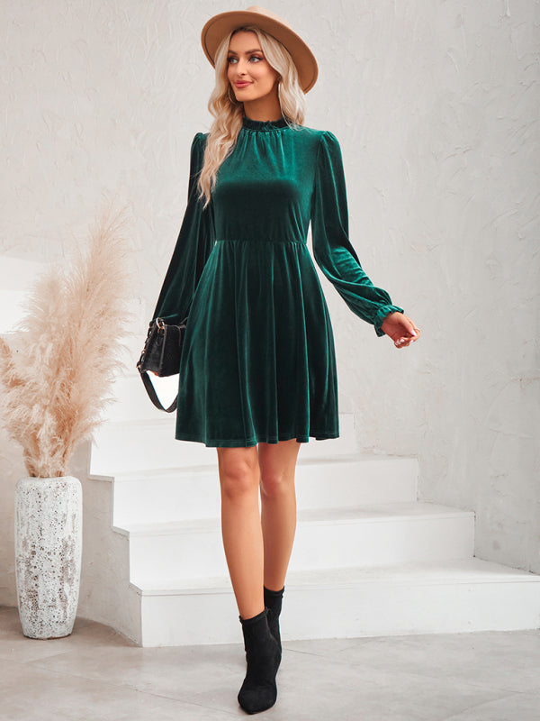 Turtleneck velvet solid color waist dress - Closther